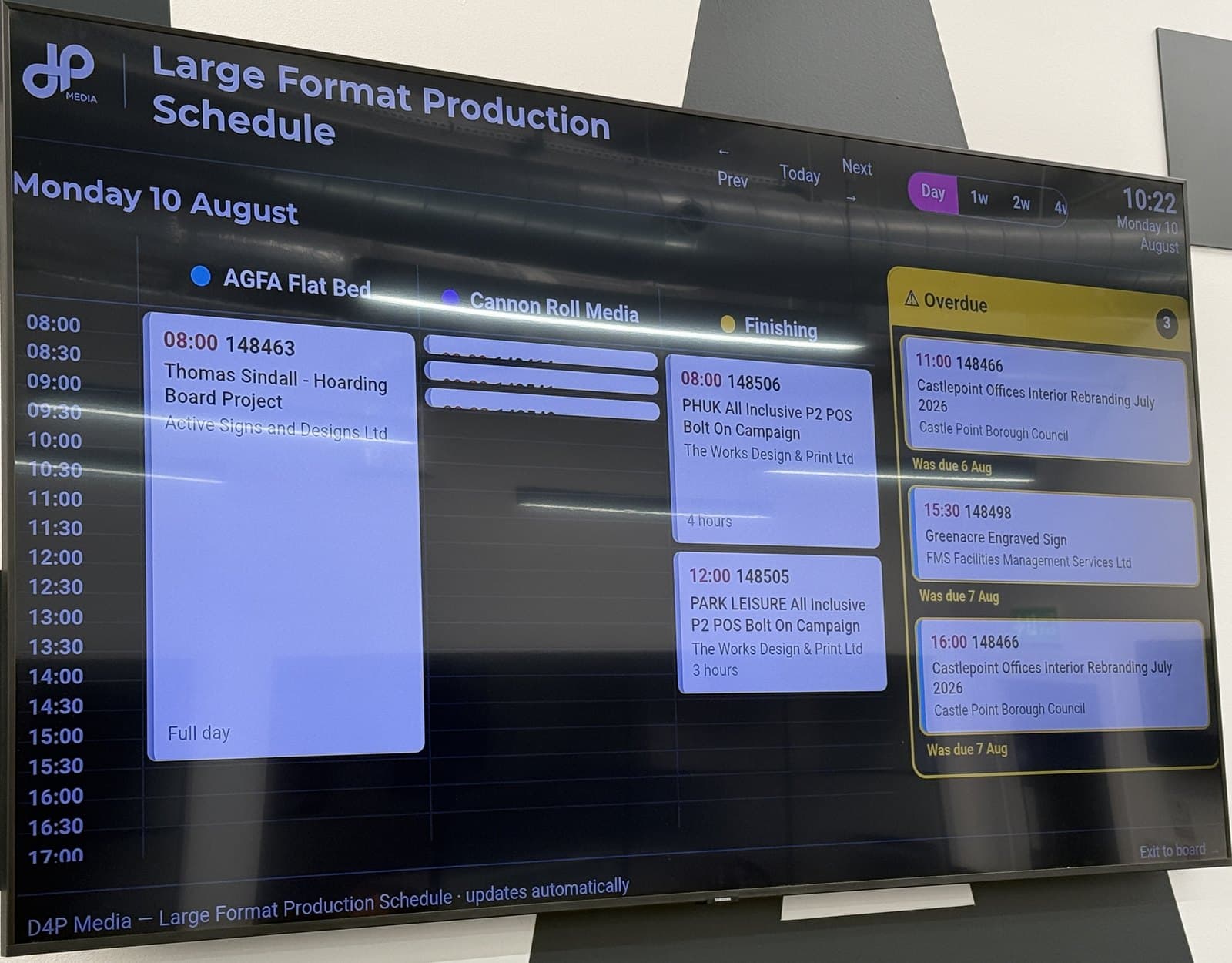 The wall display, running on a screen in the workshop.